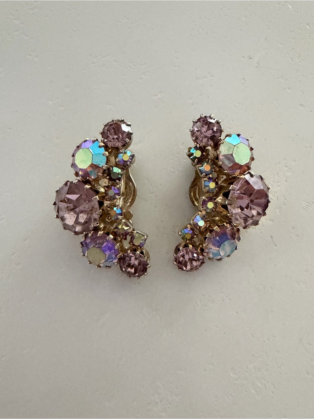 Vintage-Weiss Pink aurora borealis Crystal Clip-On Earrings